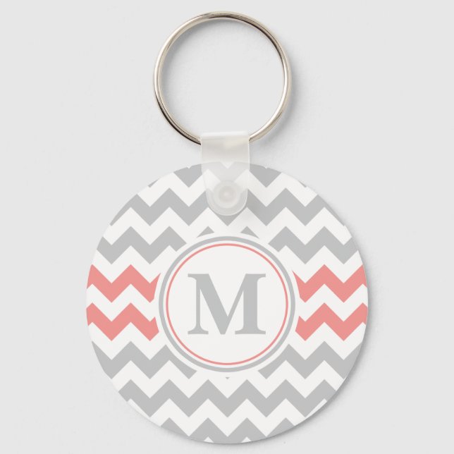 Girly Pink Grey Chevron Pattern with Monogram Keychain (Front)