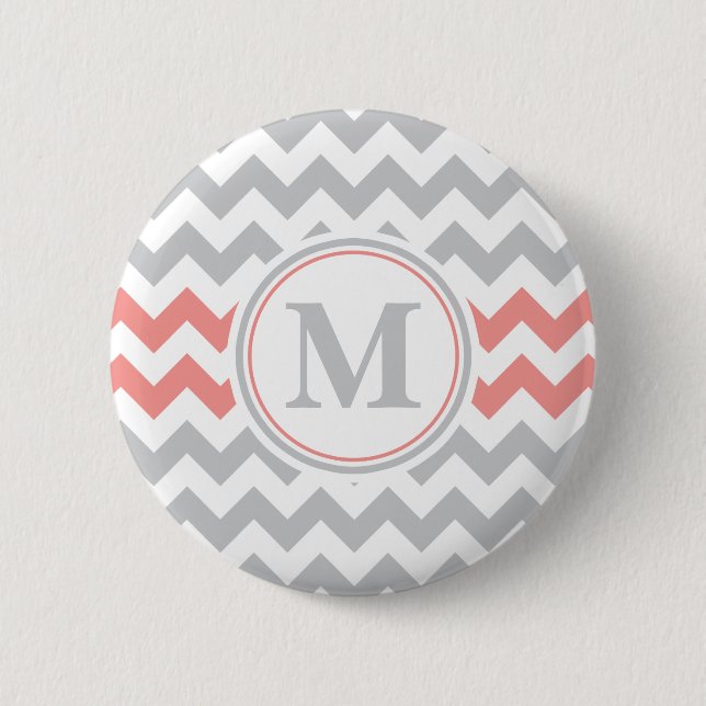 Girly Pink Grey Chevron Pattern with Monogram Pinback Button (Front)