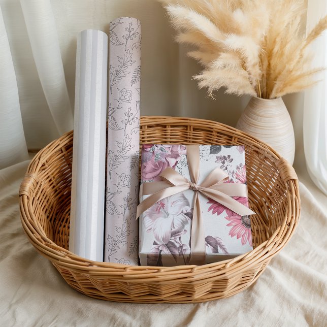 Girly Pink Grey Floral Pastel Wrapping Paper Sheets (Creator Uploaded)