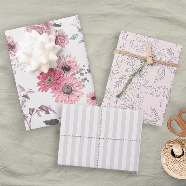 Girly Pink Grey Floral Pastel Wrapping Paper Sheets (Creator Uploaded)