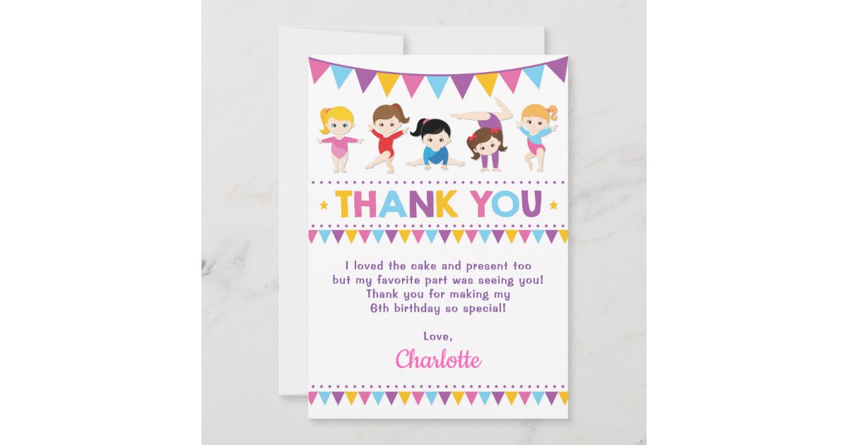 Girly Pink Gymnastics Birthday Gym Party Thank You Card | Zazzle