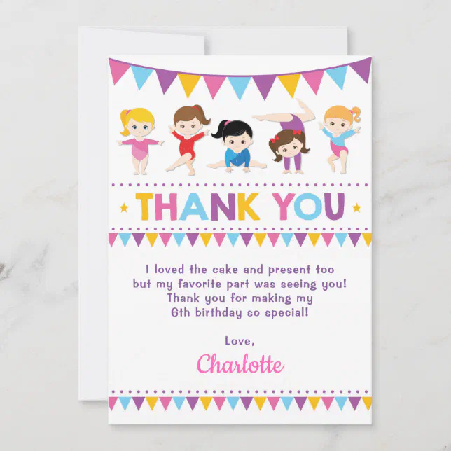 Girly Pink Gymnastics Birthday Gym Party Thank You Card | Zazzle