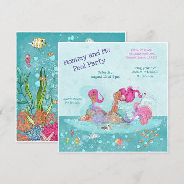 Girly Pink Hair Mermaid Mommy & Me Pool Party Invitation (Front/Back)