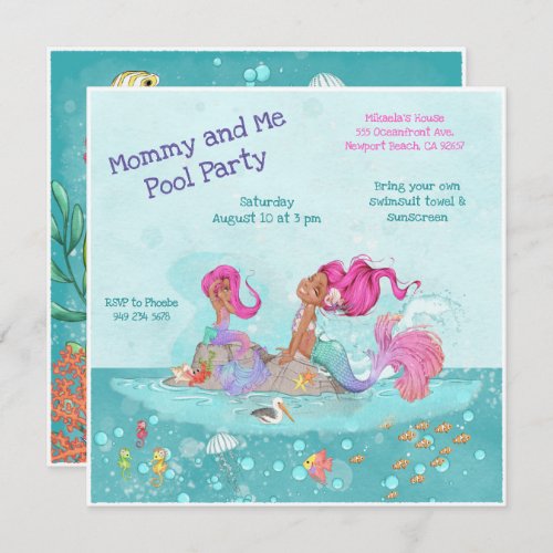 Girly Pink Hair Mermaid Mommy  Me Pool Party Invitation