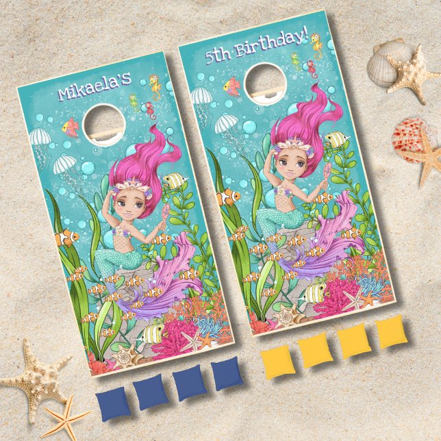 Girly Pink Hair Mermaid Under the Sea Birthday Cornhole Set (Creator Uploaded)