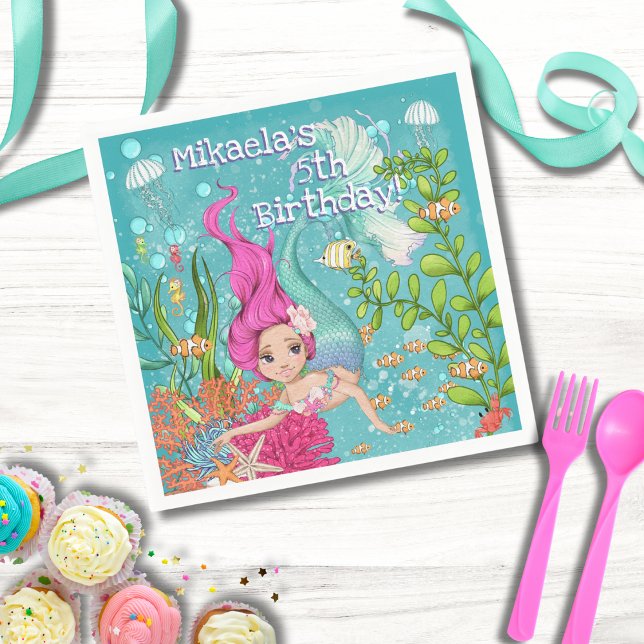 Girly Pink Hair Mermaid Under the Sea Birthday Napkins (Creator Uploaded)