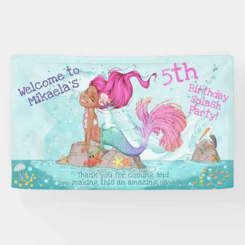 Girly Pink Hair Mermaid Welcome Birthday Banner