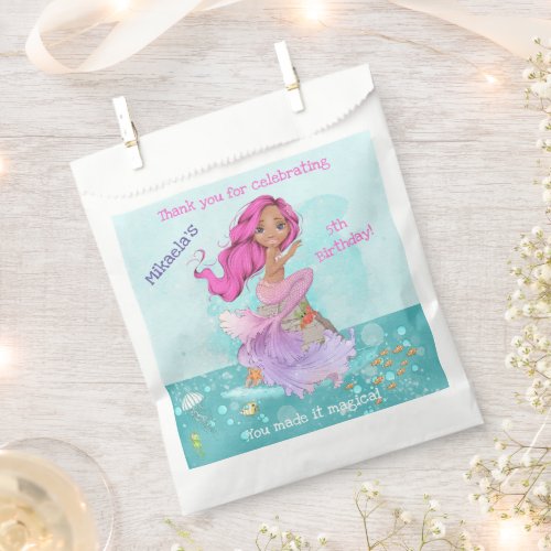 Girly Pink Hair Tan Mermaid Birthday Thank You Favor Bag