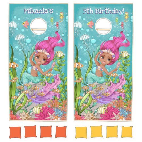 Girly Pink Hair Tan Mermaid Under the Sea Birthday Cornhole Set