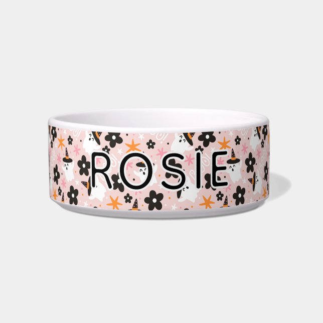Girly Pink Halloween Ghost Pattern Dog Bowl (Front)