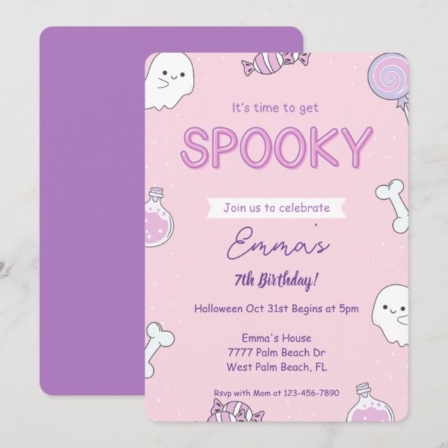 Girly Pink Halloween Kids birthday Invitation  (Front/Back)
