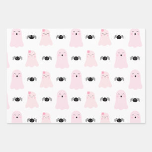 Girly Pink Halloween Monsters Childish Whimsical Wrapping Paper Sheets
