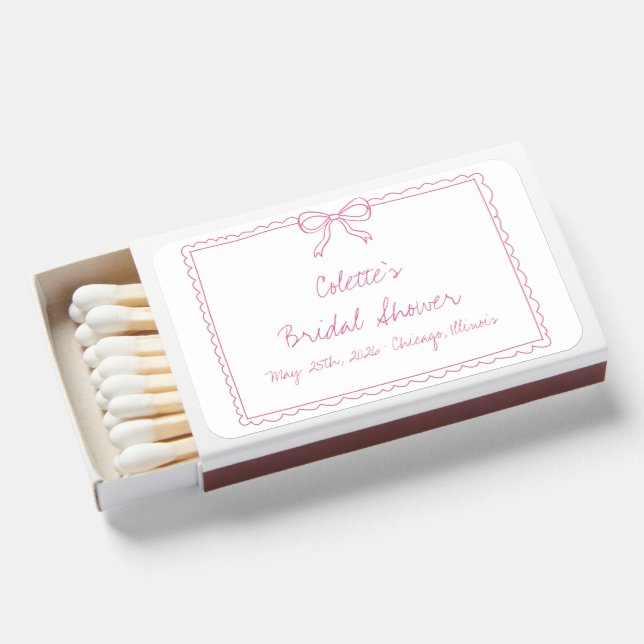 Girly Pink Hand Drawn Bow Bridal Shower Matchboxes (Front Open)