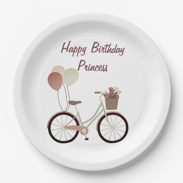 Girly Pink Happy Birthday Princess Bike Balloons  Paper Plates (Front)