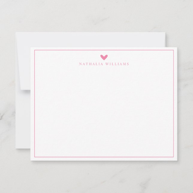 Girly Pink Heart Border Monogram Note Card (Front)