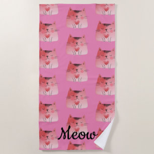 Girly Pink Heart Cats  Beach Towel