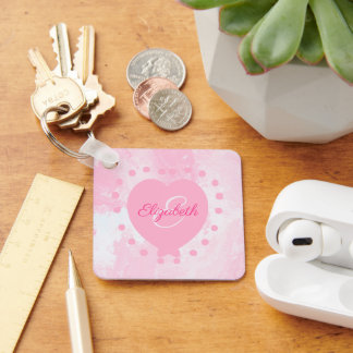 Girly Pink Heart Monogram Initial Watercolor Keychain