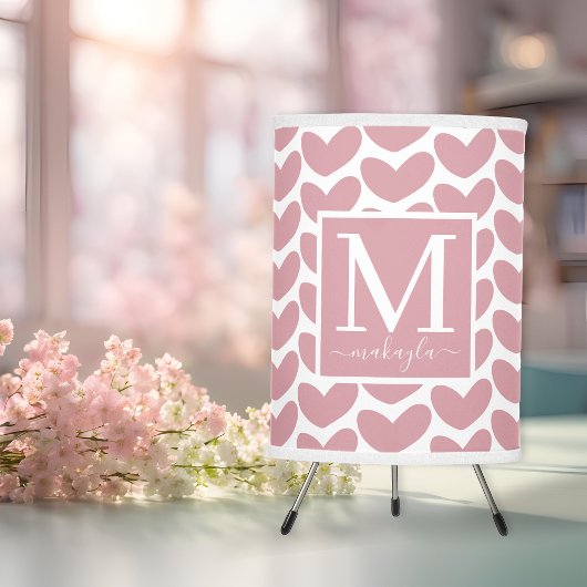 Girly Pink Heart Pattern Monogram Tripod Lamp
