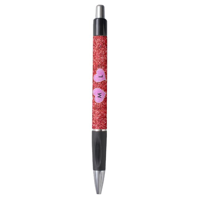 GIRLY PINK HEART RED GLITTER PEN (Front Vertical)