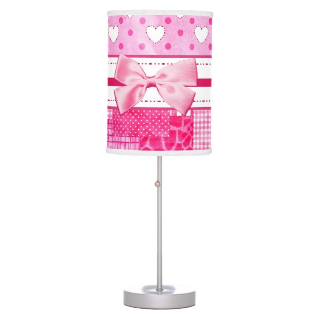 Girly Pink Hearts and Polka Dots Cute Bow and Name Table Lamp (Front)