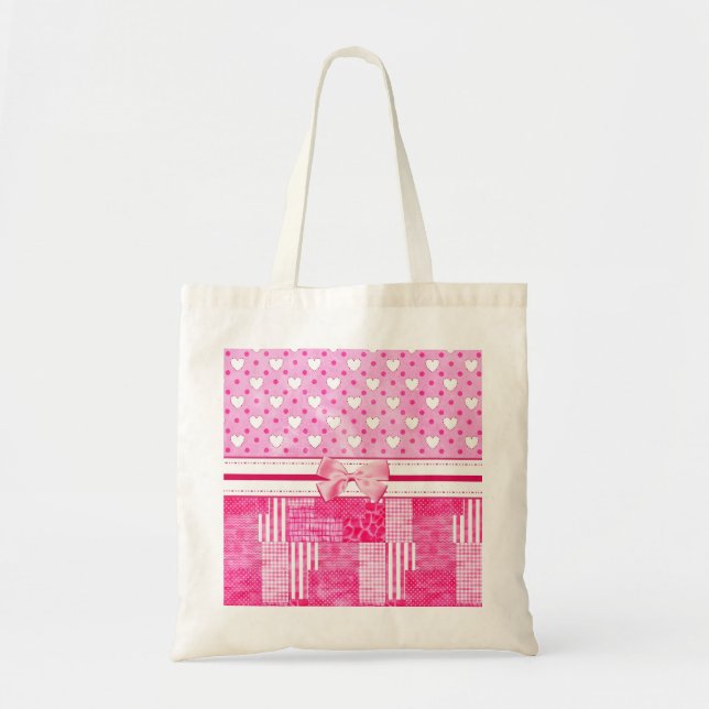 Girly Pink Hearts and Polka Dots Cute Bow and Name Tote Bag (Front)