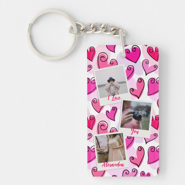 Girly Pink Hearts Cute Romantic Valentine Photo Keychain (Front)