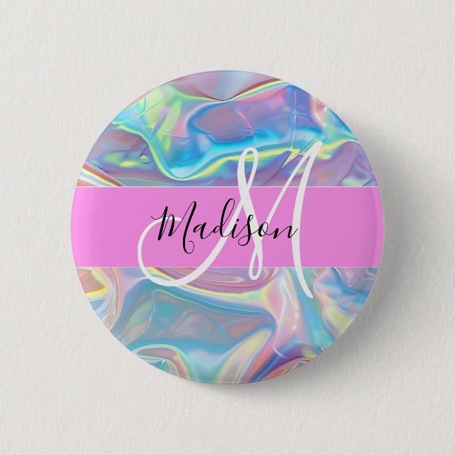 Girly Pink Holographic Iridescent Monogram Name Button (Front)