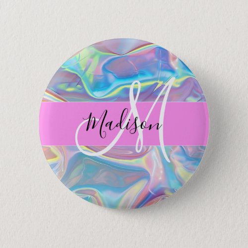 Girly Pink Holographic Iridescent Monogram Name Button