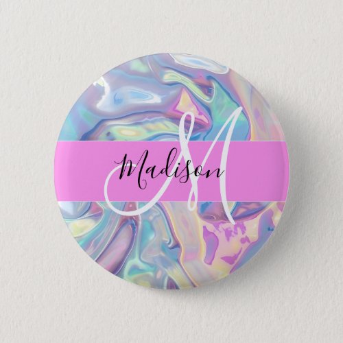 Girly Pink Holographic Iridescent Monogram Name Button