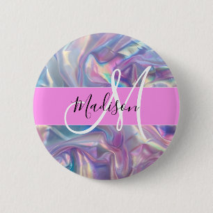 Girly Pink Holographic Iridescent Monogram Name Button