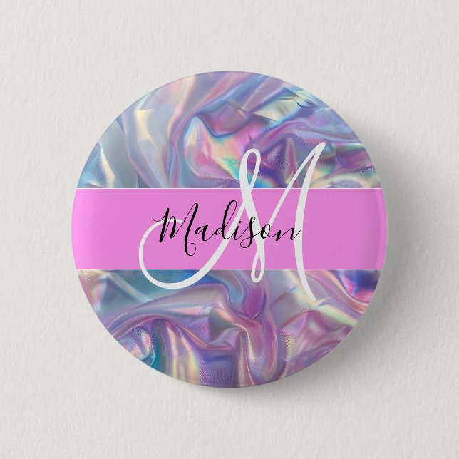 Girly Pink Holographic Iridescent Monogram Name Button (Front)