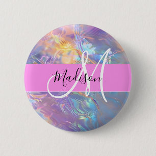 Girly Pink Holographic Iridescent Monogram Name Button