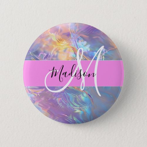 Girly Pink Holographic Iridescent Monogram Name Button