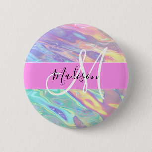 Girly Pink Holographic Iridescent Monogram Name Button