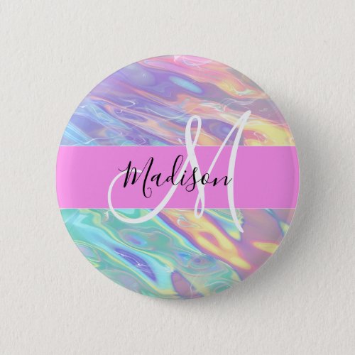 Girly Pink Holographic Iridescent Monogram Name Button