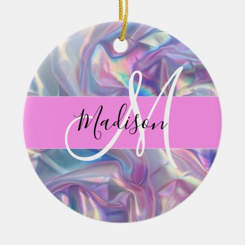 Girly Pink Holographic Iridescent Monogram Name Ceramic Ornament