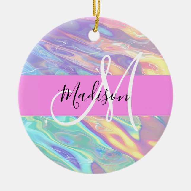 Girly Pink Holographic Iridescent Monogram Name Ceramic Ornament (Front)