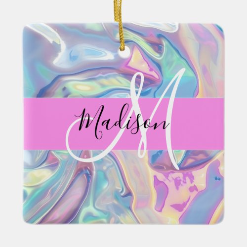 Girly Pink Holographic Iridescent Monogram Name Ceramic Ornament