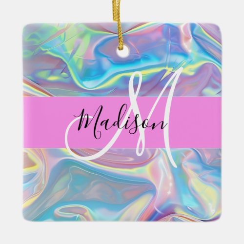 Girly Pink Holographic Iridescent Monogram Name Ceramic Ornament