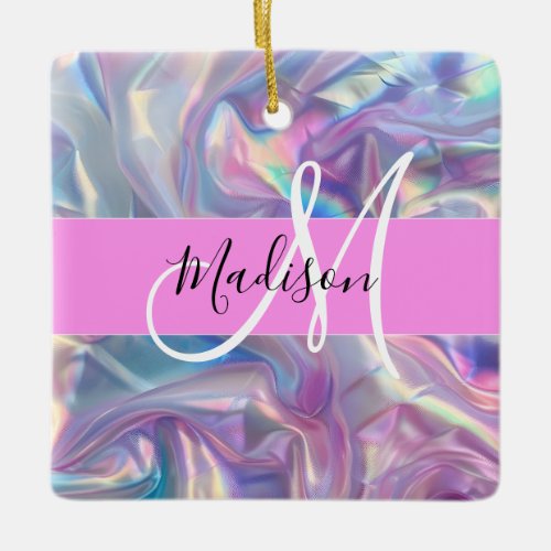 Girly Pink Holographic Iridescent Monogram Name Ceramic Ornament