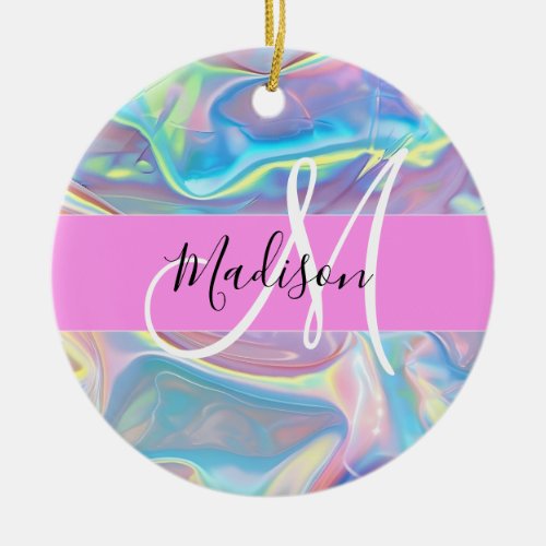 Girly Pink Holographic Iridescent Monogram Name Ceramic Ornament