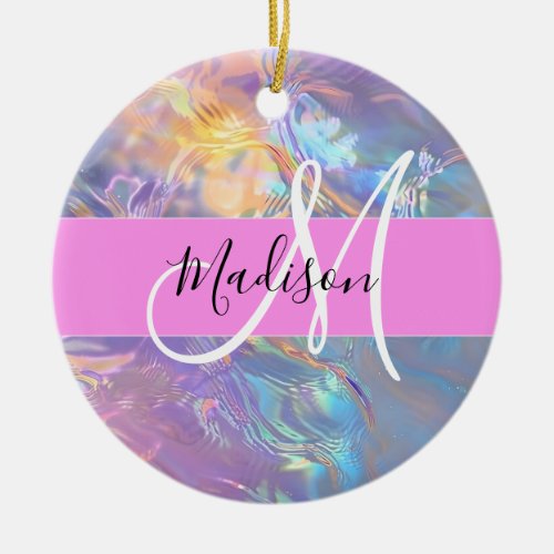 Girly Pink Holographic Iridescent Monogram Name Ceramic Ornament