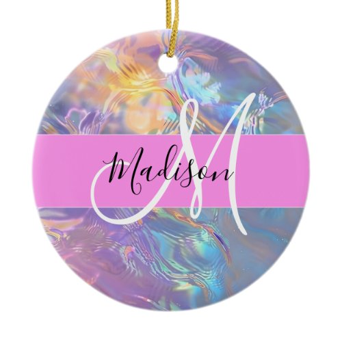 Girly Pink Holographic Iridescent Monogram Name Ceramic Ornament