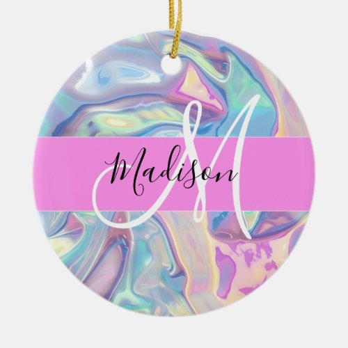 Girly Pink Holographic Iridescent Monogram Name Ceramic Ornament