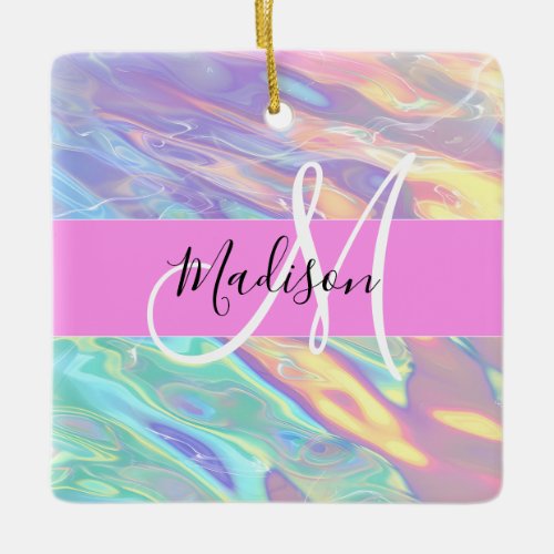 Girly Pink Holographic Iridescent Monogram Name Ceramic Ornament