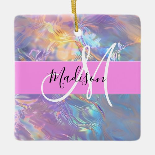 Girly Pink Holographic Iridescent Monogram Name Ceramic Ornament