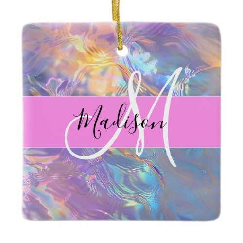 Girly Pink Holographic Iridescent Monogram Name Ceramic Ornament
