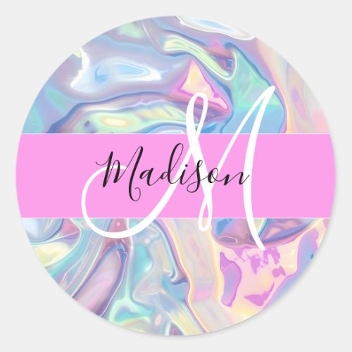 Girly Pink Holographic Iridescent Monogram Name Classic Round Sticker