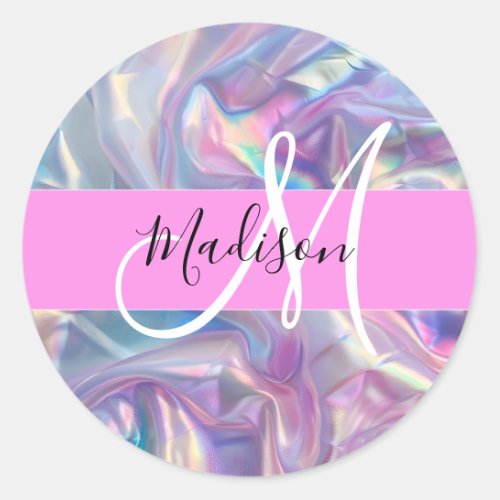 Girly Pink Holographic Iridescent Monogram Name Classic Round Sticker