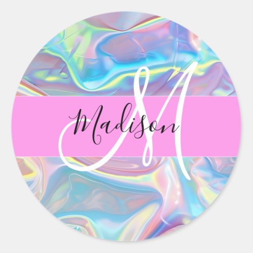 Girly Pink Holographic Iridescent Monogram Name Classic Round Sticker